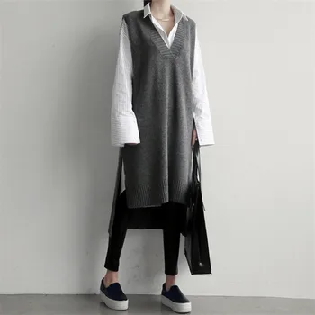 2020 koreański INS wiatr sweter kamizelka krótka z przodu i z tyłu długa kamizelka spódnica z dzianiny V-neck zagęszczony sweter średniej długości spódnica