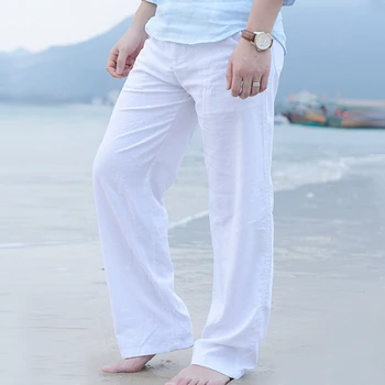 2020 nowości mężczyźni casual lato bawełna pościel Sr nogi tajski rybak luźne długie spodnie, biały, czarny