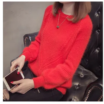 2020 nowy jesienno-zimowy damski sweter z okrągłym dekoltem, krótki sweter koreański wolny długi rękaw ciepły wełniany sweter damski jednolity casual top