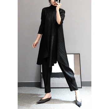 2020 nowy wiosenny damski garnitur-dwójka Miyak fold modny duży rozmiar slim zagraniczny starzejącym temperament nieregularna spódnica+spodnie 8