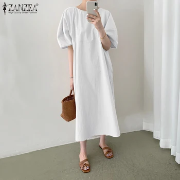 2021 ZANZEA Fashion Short Puff Sleeve Dress Summer Solid sukienkę kobiety codzienna praca OL Long Maxi Vestidos damski szlafrok rozmiar plus