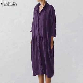 2021 jesień elegancka sukienka koszula ZANZEA codzienne stałe bawełnianej lniany sukienkę dla kobiet płaszcz z długim rękawem Vestidos damski szlafrok rozmiar plus