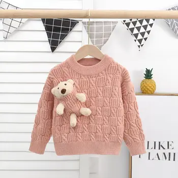 2021 jesień i zima nowe swetry dla dzieci koreańskich dzieci kieszonkowe niedźwiedzie O-neck z dzianiny swetry bluzki dla dzieci cartoon swetry