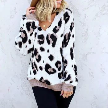 2021 sweter moda kobiety leopard print drukowanie sweter z długim rękawem sweter pull femme hiver kobieca sukienka