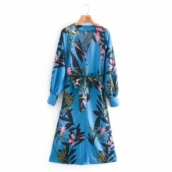 2021 wiosna nowy niebieski kwiatowy v-neck vintage sexy zaraing-style za 2020 women sheining vadiming kobieca sukienka LKD9770
