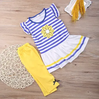 2szt Baby Girls Kids Flower Strip T-Shirt topy+spodenki spodnie stroje letnie ciuchy 1-8 lat