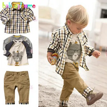 3PCS/1-5Years/wiosna jesień mały chłopiec odzież koszula w kratę+t-shirt+spodnie kostiumy dla dzieci dziecięcy kostium odzież Dziecięca zestawy BC1034