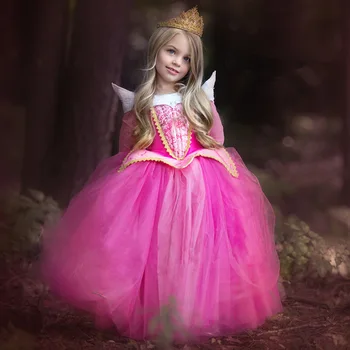 4-12Y dzieci Śpiąca królewna sukienka 2018 Lato Księżniczka dziewczyna sukienki Aurora różowy strój dla partii ślub prezent Świąteczny szlafrok