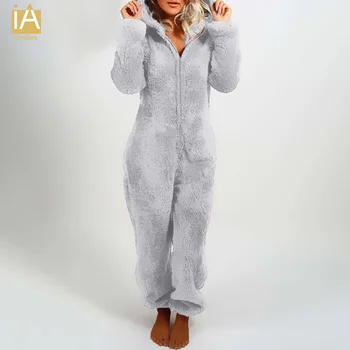 4XL Damskie kombinezony polarowa piżama niedźwiedź ucho z kapturem body długi zimowy ciepły dres meble ubrania jednoczęściowa piżama rozmiar plus