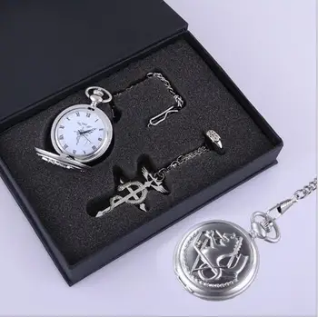 5 kpl./lot vintage Alchemik Edward Elric cosplay zegarek kieszonkowy naszyjnik pierścień 3 szt. komplet z pudełkiem biżuteria akcesoria hurtownia