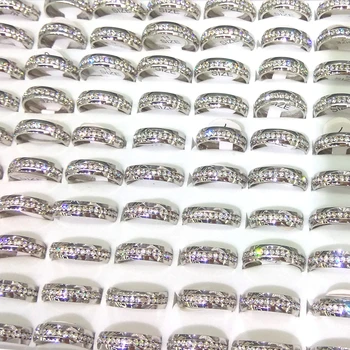 50szt kolor srebrny pierścień ze stali nierdzewnej, szerokość 6 mm przezroczyste rhinestone otaczający mieszany rozmiar
