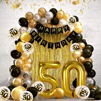 50th Black Gold Birthday Party Decoration, Happy Birthday Banner, hel pokój balon 50 XXL, 2 złote frędzle kurtyna, lateks Con
