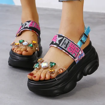 9 cm/3,9 cm Wysokość Klina Sadals modne buty kobieta lato rhinestone płaska platforma grube sandały