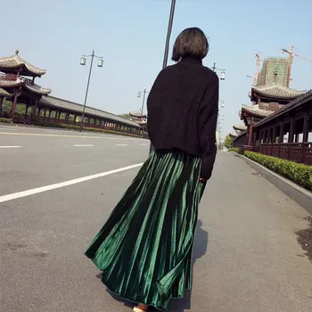 90 cm długość Jesień Zima dziewczyna aksamit plisowana maxi spódnica koreański panie elastyczny Wysoka Talia casual spódnice dna B0N312N
