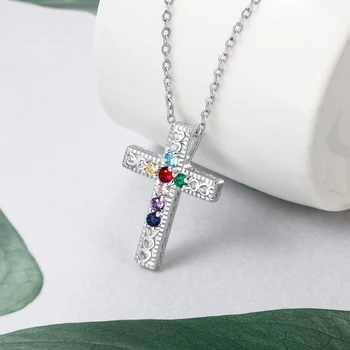 925 srebro krzyż wisiorek naszyjnik wykonany na zamówienie kamień naszyjnik spersonalizowane rodzinny prezent dla kobiet matka (Lam Hub Fong)