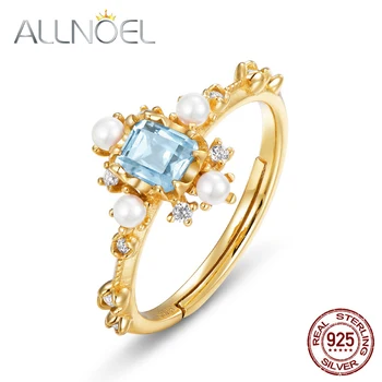 ALLNOEL stałe 925 srebrny pierścień naturalny błękitny topaz ręcznie perły Cyrkon regulowane pierścienie dla kobiet zaręczynowy