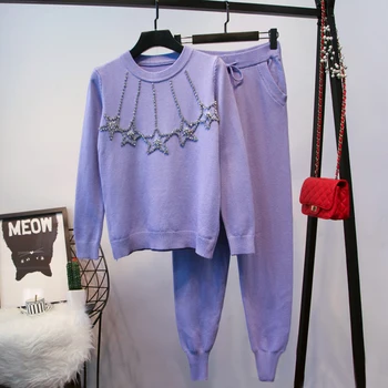 ALPHALMODA nowy styl kryształowe gwiazdy ciężkie ręcznie robione swetry + spodnie Damskie 2 szt. modne dresy drutach 2 szt. spodnie zestawy