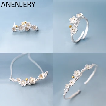 ANENJERY 925 srebro biżuteria zestawy Sakura śliwka kwiat naszyjnik+kolczyki+pierścień+bransoletka dla kobiet prezent