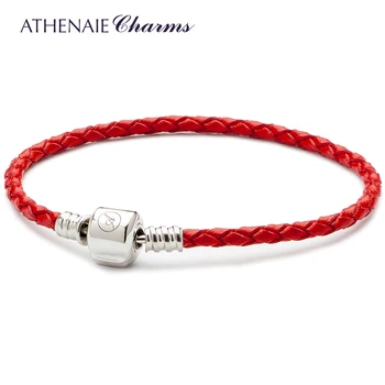ATHENAIE srebra próby 925 Czerwony jeden pleciona skórzana bransoletka Przystawki Zapięcie bransoletka pasuje do wszystkich europejskich kobiet zawieszenia koraliki