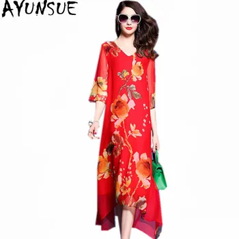 AYUNSUE 2020 Fashion Robe Femme Bohemian Summer Floral Dress Women V-neck casual temat etniczne nadruki jedwabne sukienki Vestidos WXF645