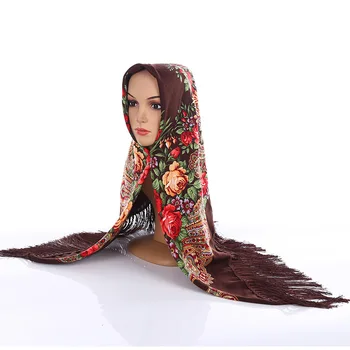 Akrylowe Muzułmańskie Chusty Rosyjski Styl Vintage Kwadrat Szalik Z Frędzlami Kwiaty Konstrukcja Osobowości Pashmina Dla Kobiet Kitki Szal