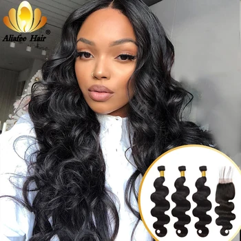 Aliafee Ombre Color Body Wave Bundles With Closure Malaysian Remy Human Hair 3/4 Bundles With 4x4 Lace Closure Hair Extensions