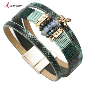 Amorcome Urok zielone skórzane bransoletki dla kobiet moda metalowy liść koniczyny wielowarstwowe szeroką obręcz bransoletka damska biżuteria