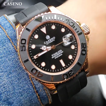Automatyczne mechaniczne zegarki męskie top luksusowej marki zegarek męski czarny Ceramiczny pierścień złoto ze stali nierdzewnej zegarek silikonowy CASENO