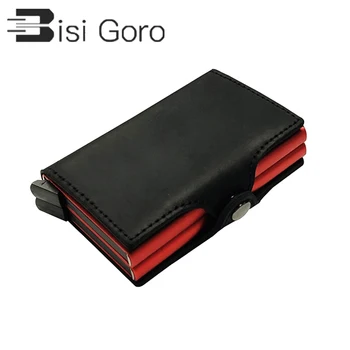 BISI GORO Business RFID Card Holder kobiety mężczyźni skóra naturalna metalowy portfel Case Card ID uchwyty nowy RFID automatyczny portfel kredytowy