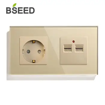 BSEED Double USB Charger With EU Standard Socket Wall Socket White Black Gloden Crystal Glass Panel 100V-240V