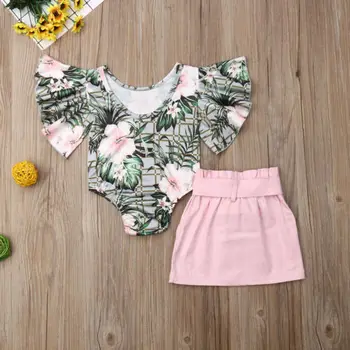 Baby Girl Kids Summer Toddler Outfits Clothes Ruffle Romper kwiatowe bluzki+spodnie 2 szt. Komplet bawełniany strój odzież