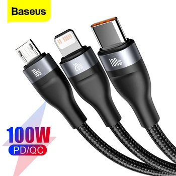 Baseus kabel USB dla iPhone PD 100 Watt USB Type C kabel do transmisji danych dla Xiaomi Samsung 5A szybkie ładowanie 3 w 1 USB-C Micro USB, przewód zasilający