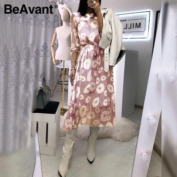 BeAvant Casual flare sleeve dress women Office ladies high waist belt długa sukienka elegancki kwiat drukowane niebieska sukienka letnia 2020