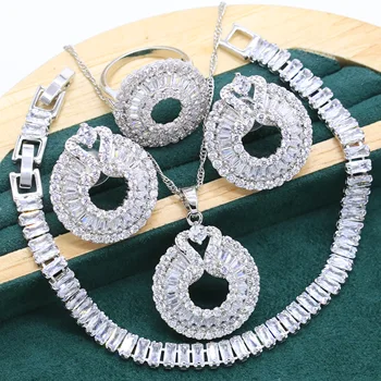 Biały kryształ srebrny zestaw biżuterii dla kobiet partii bransoletka kolczyki naszyjnik wisiorek pierścionek Świąteczny prezent ślubny
