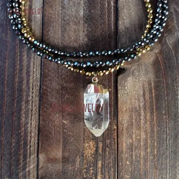 Boho chic Gunblack Dull and Gold naszyjnik Beads z przezroczystego kwarcowego punktem wisiorek naszyjnik NM19136