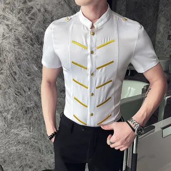 Brytyjski styl letnia koszula z krótkim rękawem męska moda 2020 stoisko kołnierz Slim Fit męskie koszule klub nocny robocza koszula osób 5XL