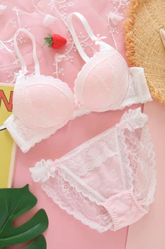 Brzoskwinia różowy miłość japoński słodki piękny komplet bielizny sexy kobiet Lolita siatka koronkowa bielizna push-up Biustonosz z fiszbiną bikini zestaw