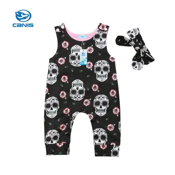 CANIS Newborn Baby Pajacyki Kids Boy Skull Romper Sleeveless Bebe Boys Romper Clothes kombinezon opaska na głowę do stroju odzież Dziecięca komplet