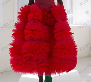 Chic Red Ruffled Tulle Spódnice Dla Kobiet 2020 Długość Kostki Długie Damskie Maxi Spódnica Tiul Wieczorne Spódnica Dla Czarnych Dziewczyn Na Zamówienie