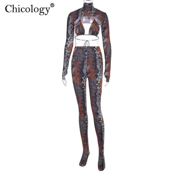 Chicology hodowli węży print 3 szt odpowiedni zestaw kobiet z długim rękawem crop top spodnie 2019 jesień zima ulica klubowa