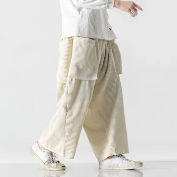 Chiński Styl Sztruks Codzienne Szerokie Spodnie 2021 Moda Harajuku Duża Kieszeń Czarne Proste Spodnie Plus Size Dołu Mężczyźni