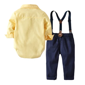 Chłopcy zestaw ubrań dziecko niemowlę chłopiec odzież garnitur bawełna żółty krawat koszule+kombinezon 2szt pan stroje zestawy Bebes zestaw ubrań