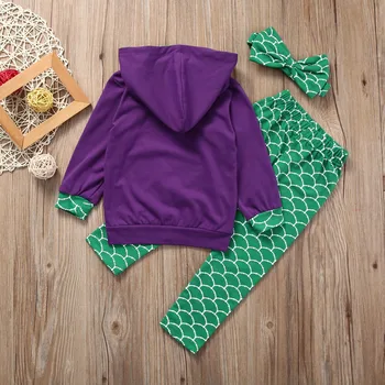 Citgeett Toddle Kids Girl Mermaid Hooded Purple Tops Green Spodnie Leggings Casual 2Pcs Outfits Fashion Set SS