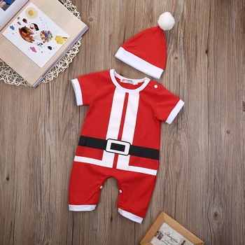 Citgeett noworodka dziewczynki, chłopca z krótkim rękawem kombinezon Kombinezon boże Narodzenie Santa kostium stroje boże Narodzenie Czerwony letni zestaw ZX