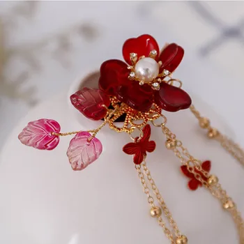 Czerwony kwiat Kryształ spinki do włosów stroik biżuteria do włosów chiński motyl długie frędzle spinki tiary ślubne akcesoria do włosów LB