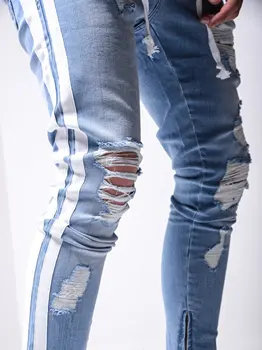 Człowiek podarte spodnie ołówek skinny denim rowerzysta strona paski jeans pasek boczny podarte Szczupły człowiek błyskawica projekt zarysowane hip-hop dżinsy