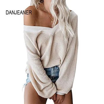 DANJEANER 2019 jesień sweter z dzianiny kobiet sexy dekolt z ramienia stałe swetry oversize sweter cienki sweter pull Femme