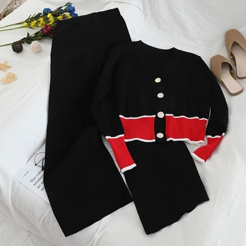 Damska jesienna moda jednorzędowy sweter z dekoltem V + modne szerokie spodnie z dzianiny zestaw slim z dwóch części