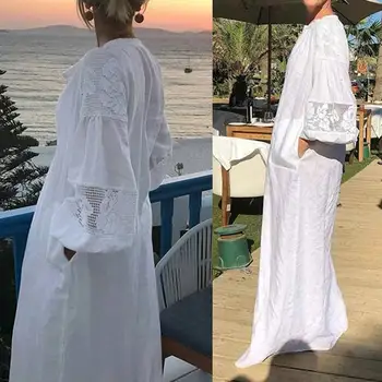 Damskie długie Maxi koszula Sukienka artystycznej plaża koronki szyć sukienki Celmia 2021 lato casual Temat z długim rękawem partii Vestido 5XL