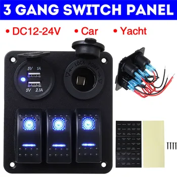 Dc 12v 24V 3 Gang Rocker Switch Panel Power Socket 3.1 A LED Dual USB Wiring Kits and Decal Sticker Labels for Marine Boat Car